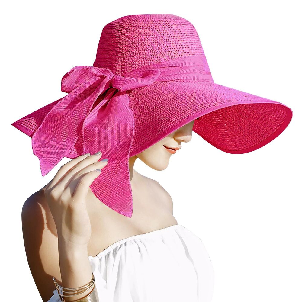 8354 5.5 Inches Big Bowknot Straw Hat Large Floppy Foldable Roll up Beach